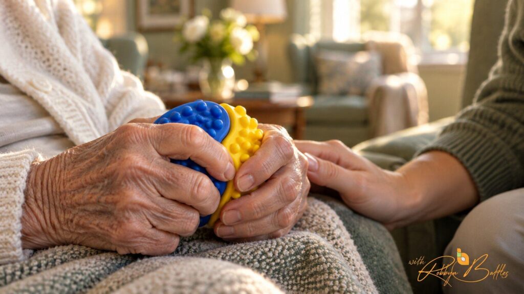 Elderly hands engaging with a silicone sensory kit during memory care 